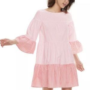 K/LAB Tiered Bell Sleeve Pink White Pin Stripe Ruffle Dress Large NWT